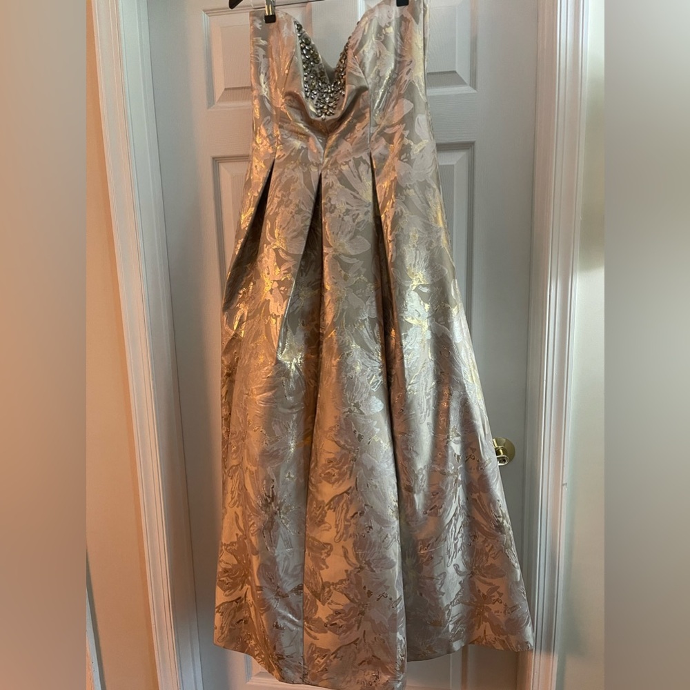 Eliza J Champagne Strapless Bejeweled Ballgown. Size 14